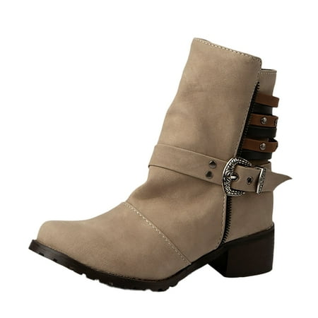 

Woman Elastic Comfortable Boots Womens Round Head Solid Color Pu Square Heel Vintage Buckle Boots