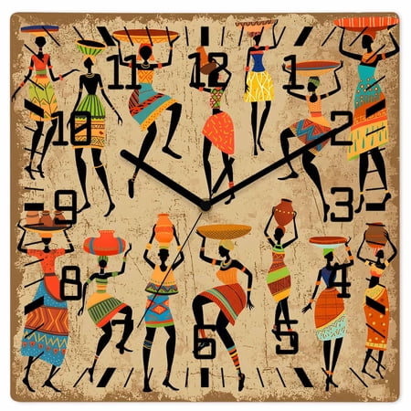 Brown Boho Wooden Wall Clock Silent Non Ticking, Farmhouse Vintage Ethnic African Women Square Wall Clocks Battery Operated, Decor Clock for Home Office, Living Room, Kitchen, 10 Inch