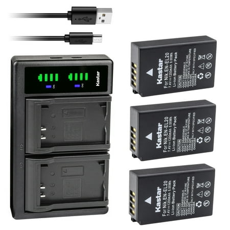 Kastar 3-Pack Battery and LTD2 USB Charger Replacement for Nikon EN-EL20 Nikon EN-EL20a Battery Nikon MH-27 MH-27a Nikon MH-29 MH-29a Charger Nikon DL24-500 Blackmagic Pocket Cinema Camera