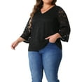 thumbnail image 2 of DARING DIVA Women's Plus 3/4 Bell Sleeve V Neck Floral Lace Blouse 2X Black, 2 of 6