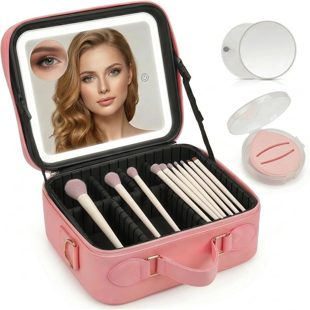 Cosmetiquera de Viaje, Espejo LED de 3 Colores y Lupa 10X, Incluye Kit de 10 Brochas y Esponja de Maquillaje Rosa, Organizador de Cosméticos Portátil y Estuche de Belleza Profesional (Rosa)