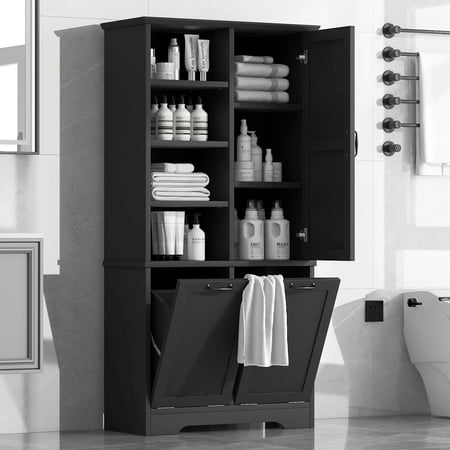 Euroco Laundry Hamper Cabinet with 2 Tilt-Out Baskets and Adjustable Shelves – Tall MDF Storage Cabinet for Bathroom or Laundry Room – Anti-Tip Design