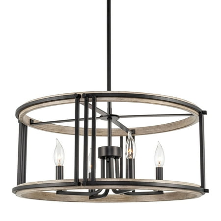 

Kira Home Vista 22.5 4-Light Farmhouse Drum Pendant Light Adjustable Hanging Height Light Cedar Wood Style + Black