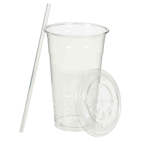 Disposable 16oz Clear Plastic Cups with Flat Lids and Straws 400 Sets (4 box of 100)