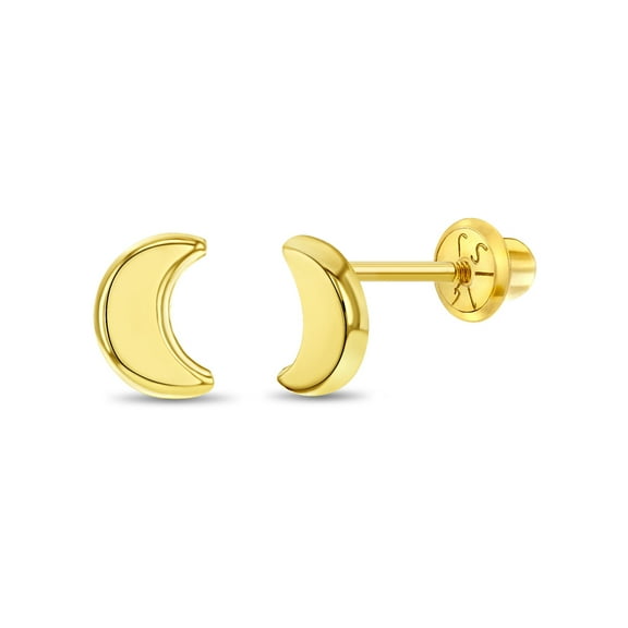 Crescent Moon Toddler / Kids / Girls Earrings Safety Screw Back - 14k Gold