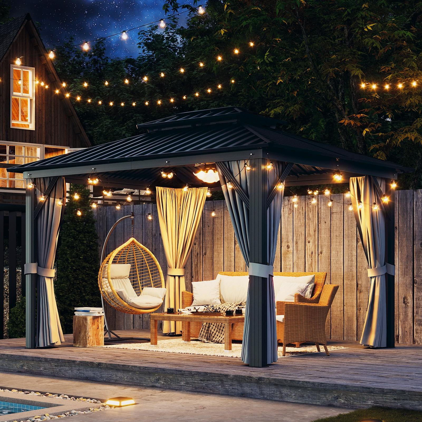Aoxun 10'x12' Hardtop Gazebo, Aluminum Frame Canopy with Double Galvanized Steel Roof Patio Gazebo, Outdoor Metal Pavilion with Netting, Curtains for Backyard, Patio and Deck