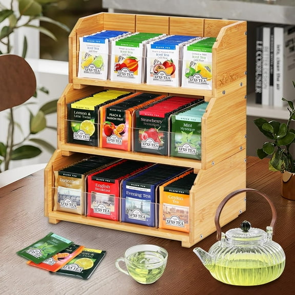 Tea Bag Organizer, 3 Layer Stackable Bamboo Box with 12 Compartments for Kitchen Cabinet Pantry