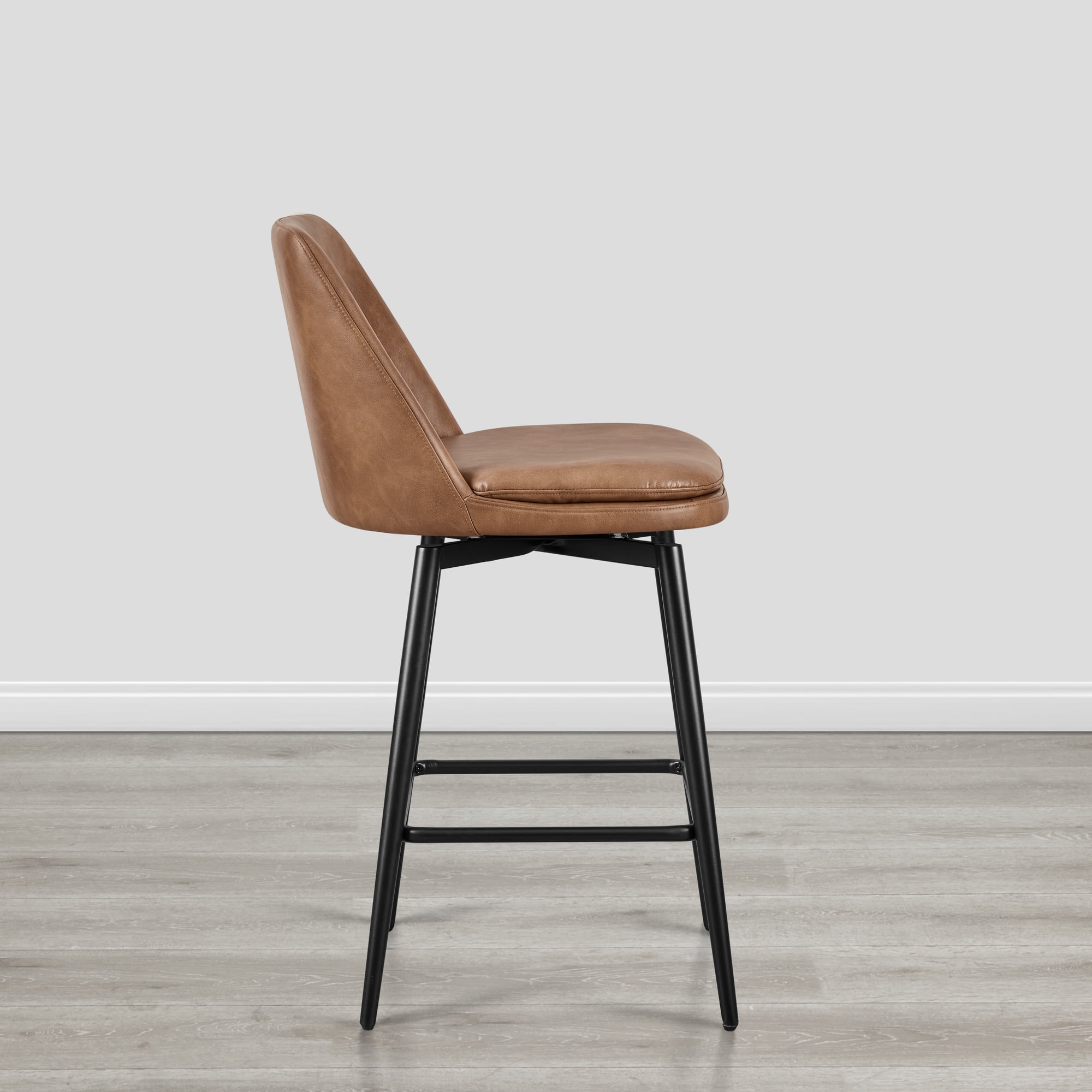 Spruce & Spring Counter Height Swivel Barstool with Curved Back and Metal Legs Set of 2, Cognac Faux Leather
