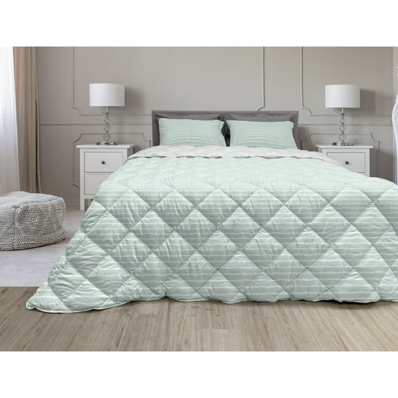 Mint Comforter & Sham Bedding Set, Horizontal Wavy Lines White Striped Abstract Soft Toned Nautical Art Display, 3 pcs Duvet Set Microfiber Filling Quilt, 5 Sizes, Almond Green White, by Ambesonne