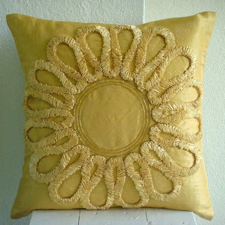 Euro Sham Pillow Decorative Gold Euro Pillow Shams 26x26 inch 65x65 cm Silk Euro Size Pillow Covers Nature Floral Ribbon Embroidery