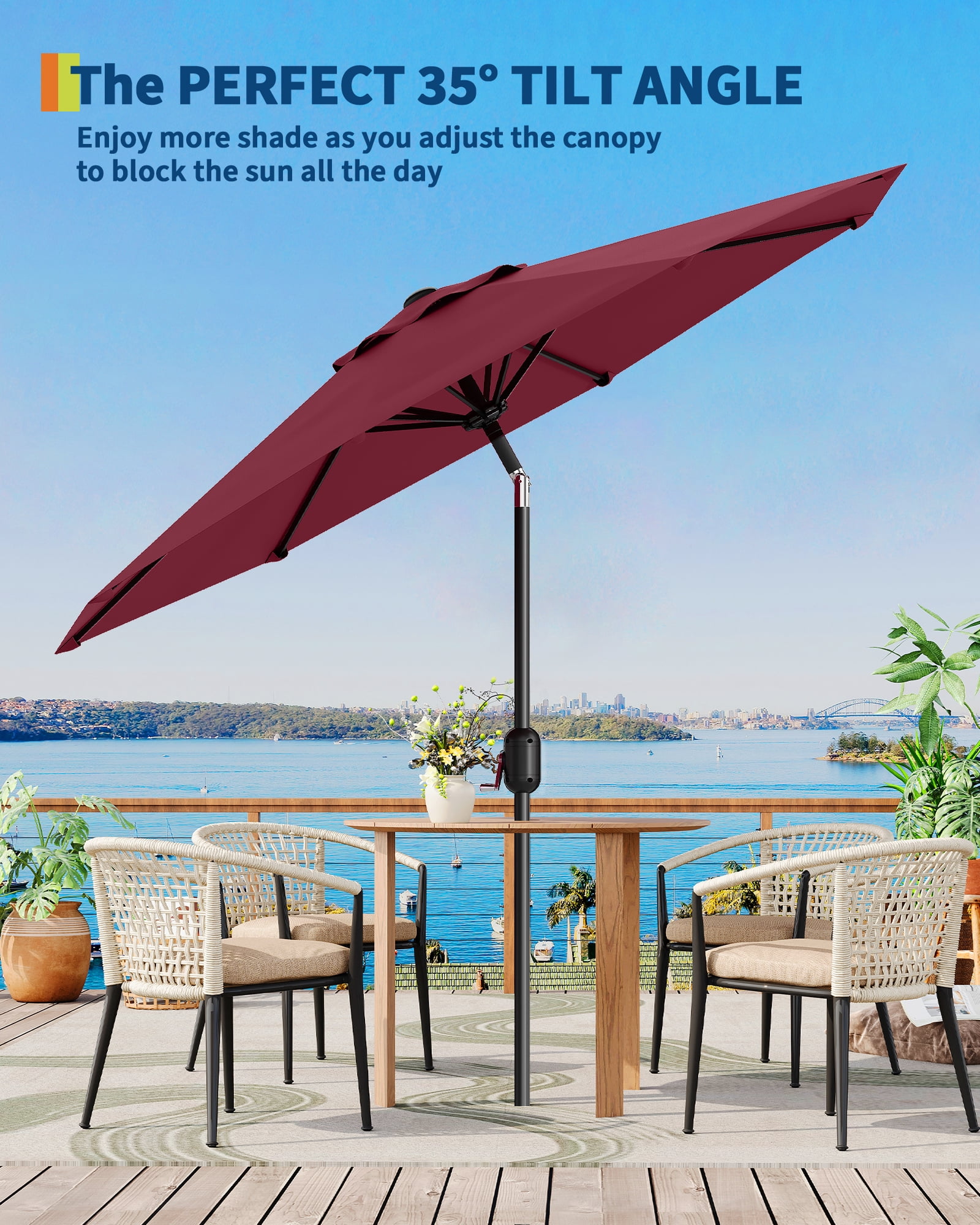 9FT Outdoor Patio Umbrella with Push Button Tilt and Crank, Market Umbrella 8 Sturdy Ribs UV Protection Waterproof Heavy-Duty Pool Umbrella for Deck, Backyard,Garden