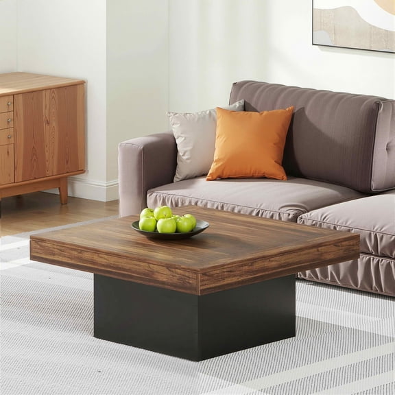MAYEERTY 35.4" Square Farmhouse Coffee Table, Built-In Adjustable LED Light Rustic Wood-Look Engineered Wood Center Table for Living Room