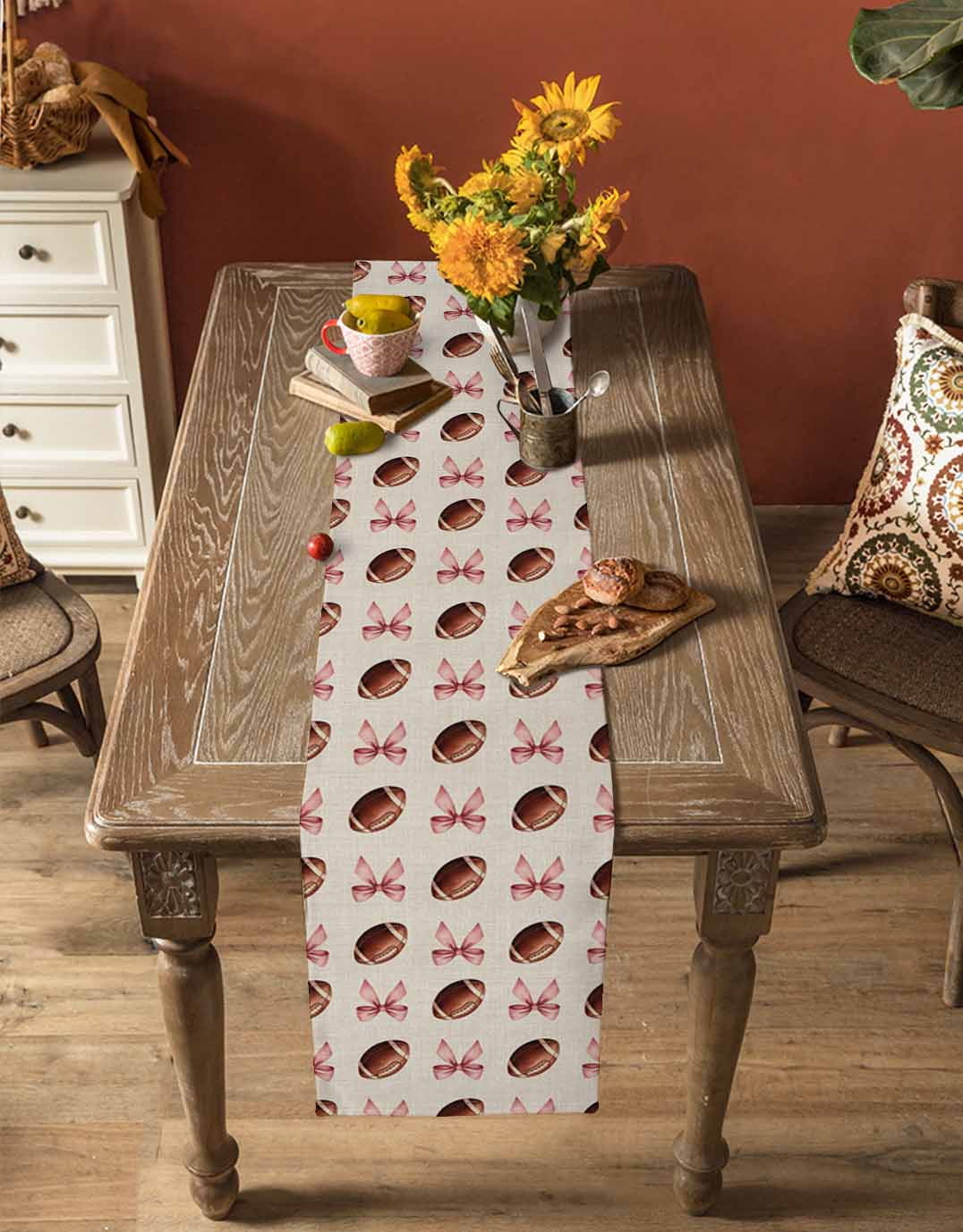 Pink Bow Football Table Runner 90 Inches, Modern Game Balls Retro Burlap Bed Runner Dresser Scarves Tabletop for Indoor Outdoor Parties/Ceremony/Banquet, 13" x 90"
