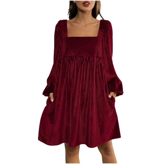 Women's Velvet Dress with Pockets Square Neck Long Sleeve Tie Back Mini Babydoll Dress Christmas Party Outfits (XL, Wine)