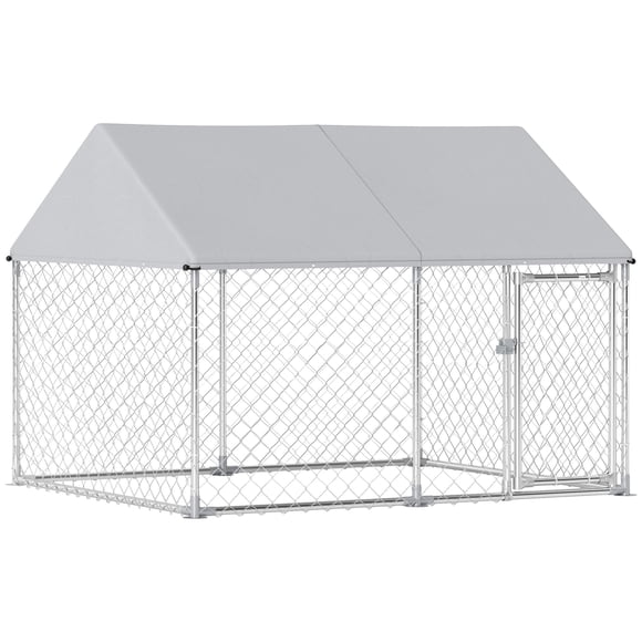 Silver Outdoor Dog Kennel – 84" x 71" Galvanized Steel & Oxford Fabric Run for Medium Dogs - Patio, Yard, & Garden Playpen