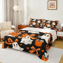 Manfei Halloween Ghost Twin Sheet Sets,Girls Bow Knot Twin Fitted Sheet,Orange White Black Flat Sheet For Child,Breathable Home Decor,3-Piece