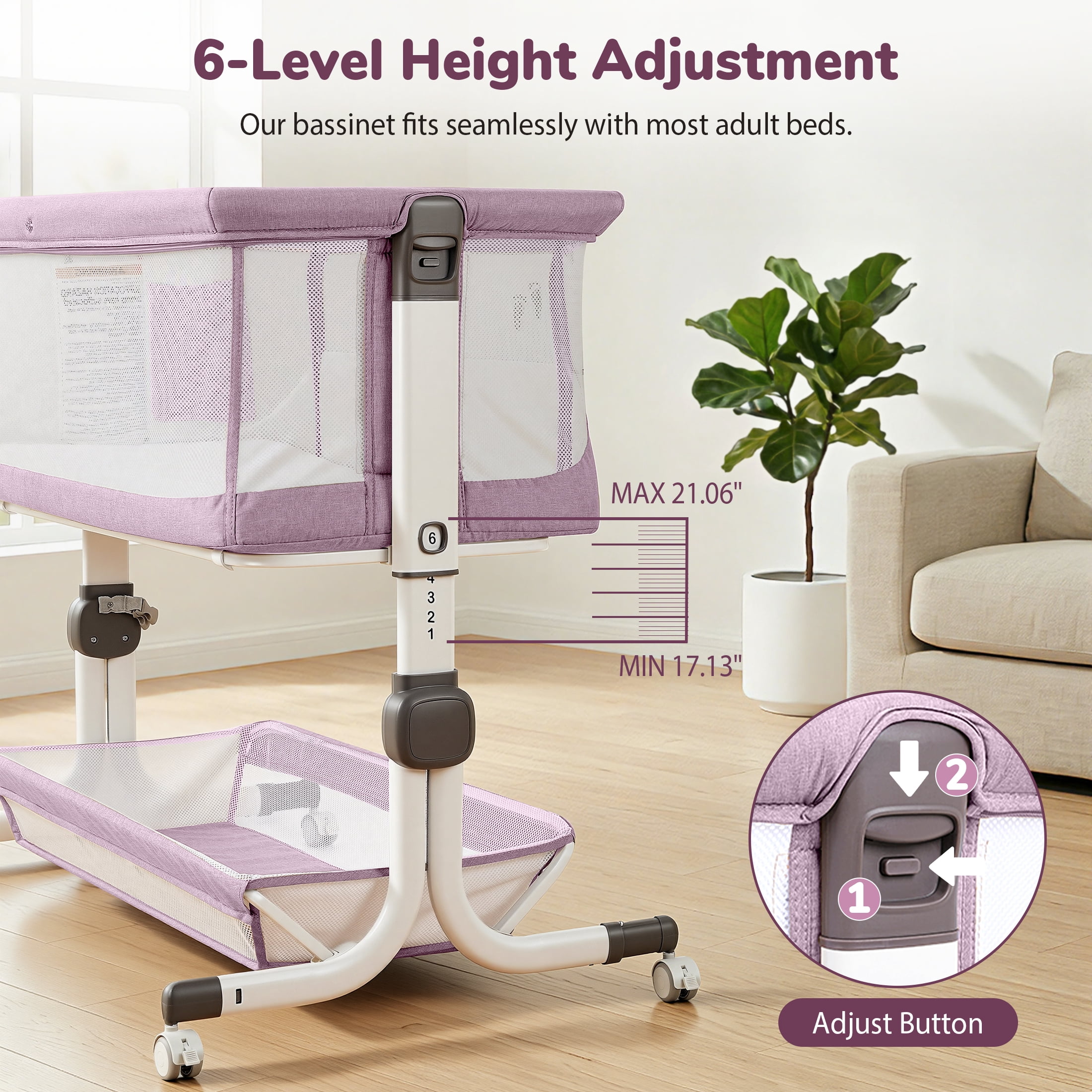 Minikid 3-in-1 Baby Bassinet Bedside Sleeper, 6 Height Adjustments, Full Mesh Breathable, Portable Newborn Baby Crib with Storage Basket, Pinkish Purple