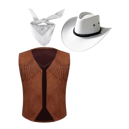 Yeahdor Kids Girls Boys Western Cowboy Dress Up Suede Tassel Vest with Hat Bandanna Fancy Party Outfit White 6