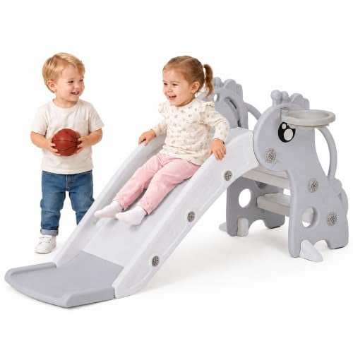 Toddler Slide 3 in 1 Kids Slide for Ages 1-3 Indoor & Outdoor Playground Featuring Baby Slides Climber Playset with Basketball Hoop, Folding Design Freestanding Slide