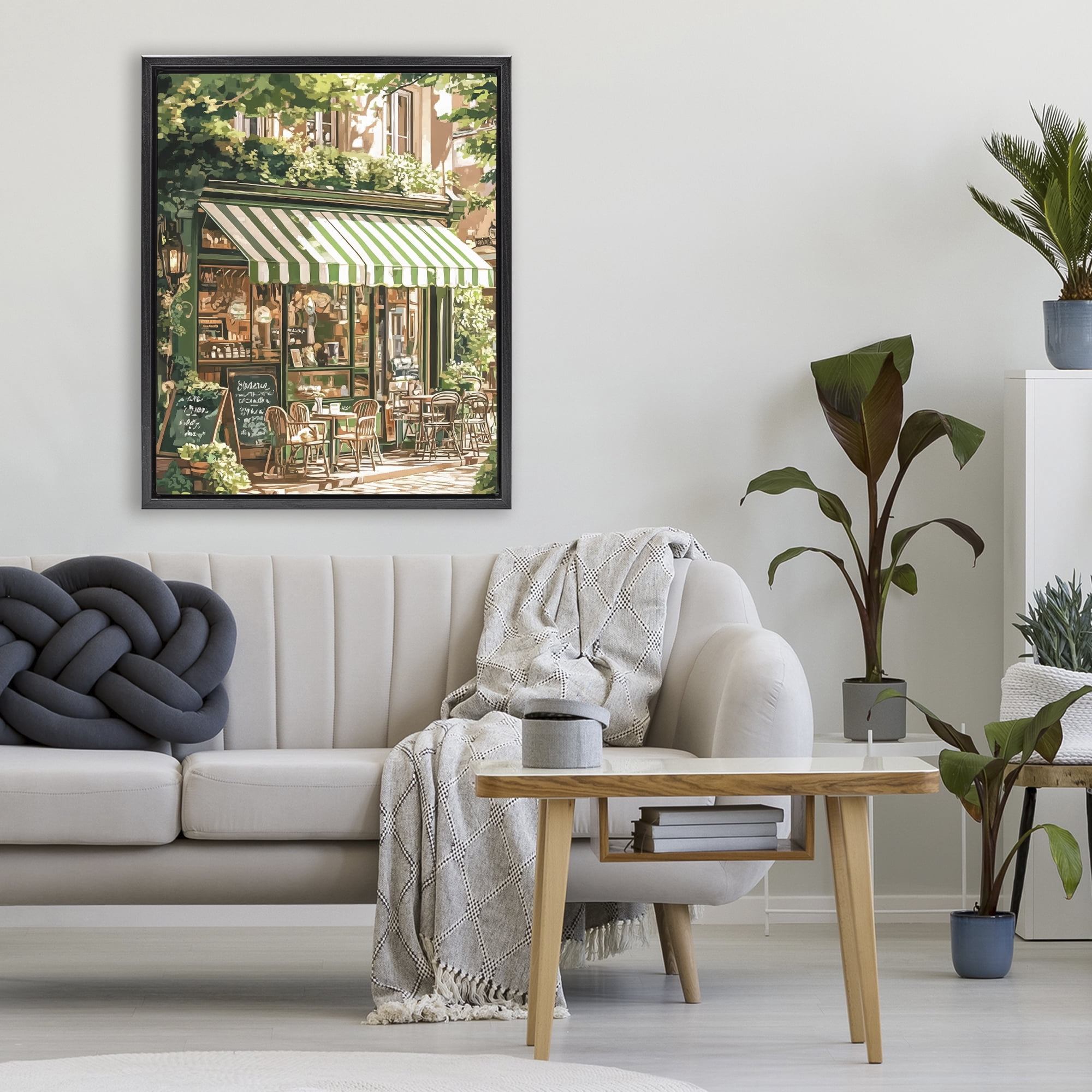 Stupell Industries Coffee Shop Awning & Greenery Black Framed Floater Canvas Wall Art, design by LSR Design Studio