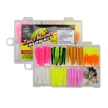 Trout Magnet 82 Piece Neon Fishing Kit Catches All Types of Fish Includes 70 Grub Bodies And 12 Size 8 Hooks Orange Green White Silver