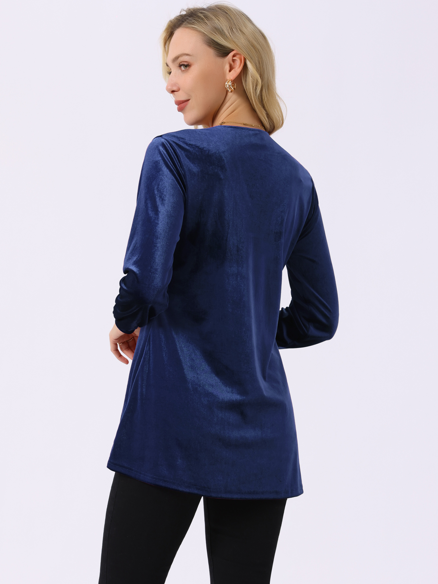 DARING DIVA Women's Velvet Top V Neck Long Sleeves Loose Blouse L Dark Blue