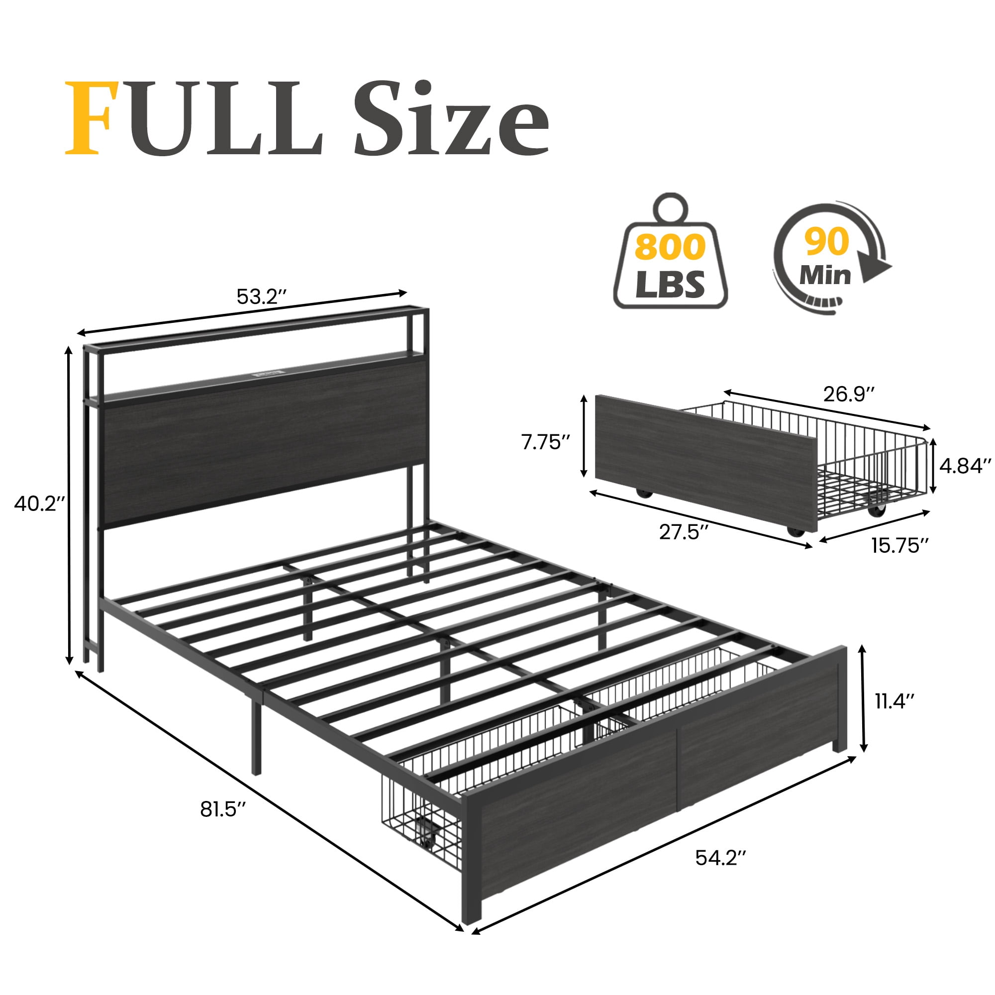 Full Bed Frame with Headboard and Storage, 2-Tier Storage Headboard & Foot-Board Drawers, Rustic Grey