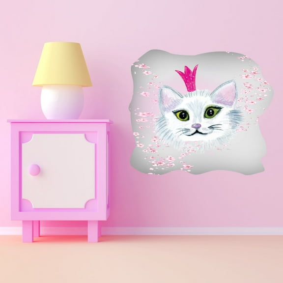 Watercolor Decal Living Room Wall Decal for Family Cherry Blossom Flowers Pet Cat Design Cute Themed Room Decal - Size: 10 In x 9 In