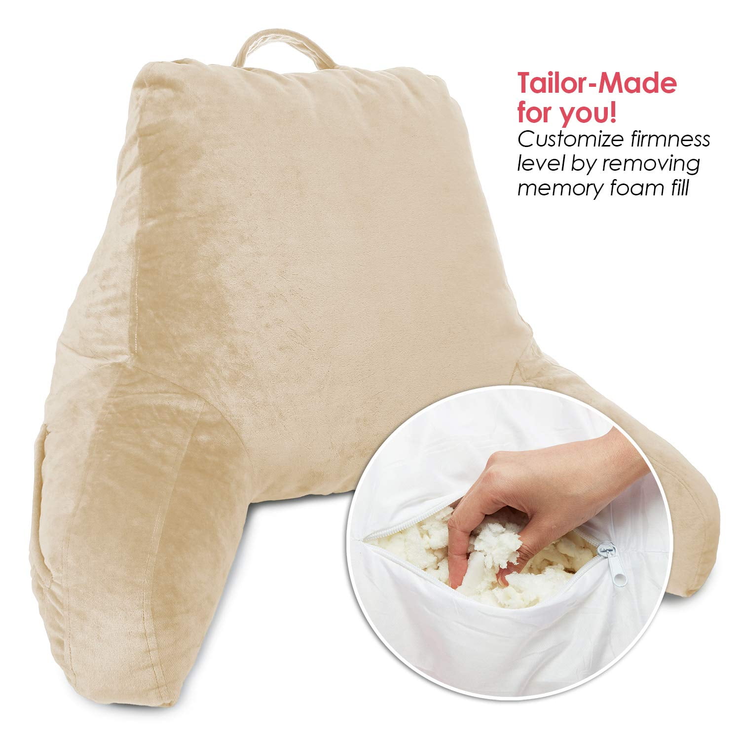 Clara Clark Bed Rest Reading Pillow with Arms and Pockets, for Kids Teens & Adults - Premium Shredded Memory Foam TV Pillow, Medium, Cream