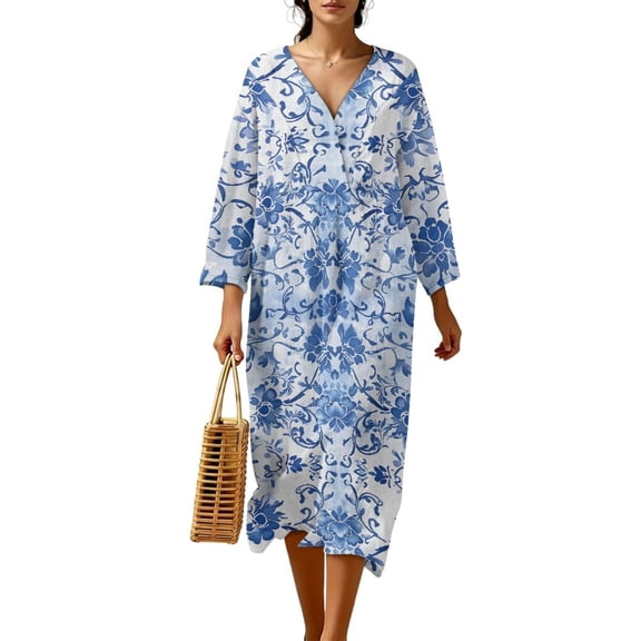 COEQINE Women's Bohemian Midi Dress 3/4 Sleeve Wrap V-Neck Casual Sundress, Loose Fit Linen-Like Calf Length Tunic Dress for Women, Machine Washable, Size S, Blue White Porcelain Floral