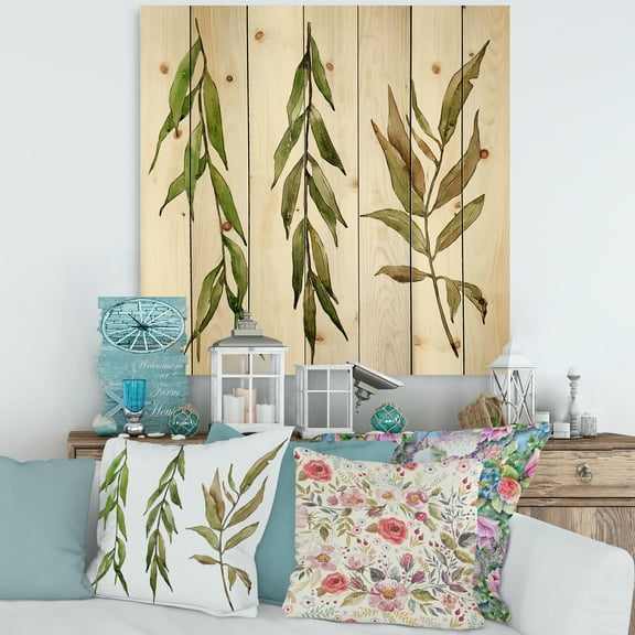 Designart 'Three Willow Branches On White' Farmhouse Print on Natural Pine Wood