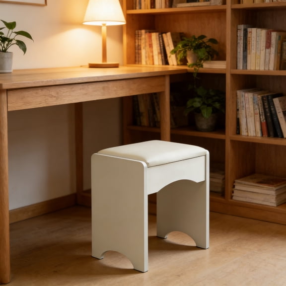 White Cushioned Vanity Stool, Soft Padded Makeup Seat for Daily Bedroom Use