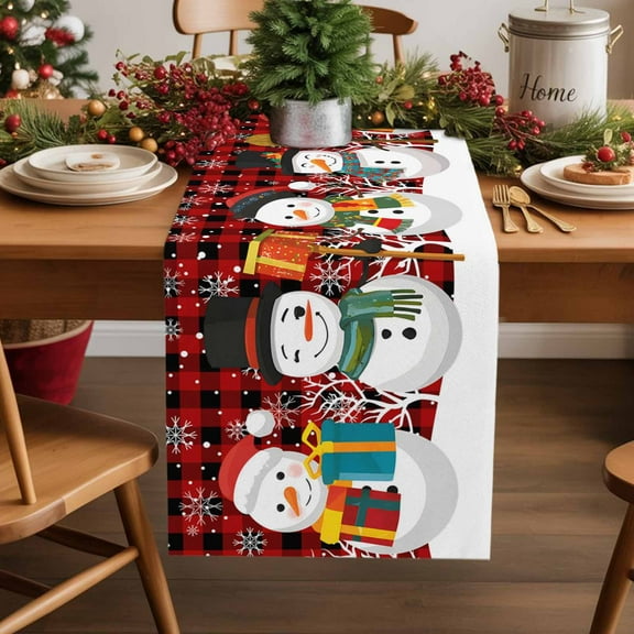 Christmas Snowman Snowflakes Table Runner 13x90in Non-Slip Cotton Linen Table Runners, Red Black Plaid Dresser Scarves TableRunner for Dinner Kitchen Dining Wedding Party