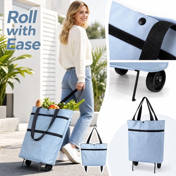 Light Blue Foldable Rolling Tote Bag Reusable Shopping Bag with Wheels Grocery Cart Portable Shopping Trolley for Groceries Travel Errands Farmers Market 22 Inch Height