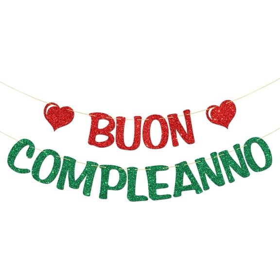 Buon Compleanno Banner - Italian Themed Birthday Party Garland Supplies - Happy Birthday Party Decorations - Red & Green Glitter