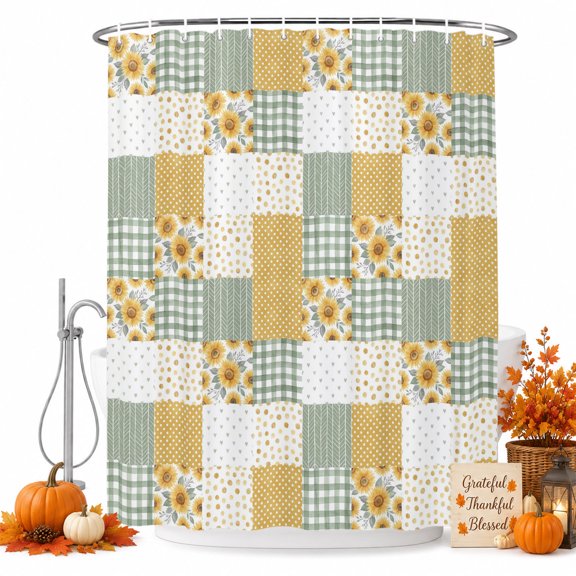 Yellow Green Checkered Floral Shower Curtain Set - Small 36" x 72" Washable Bathtub Curtain with 12 Hooks, Farmhouse Art Flowers Buffalo Waterproof Fabric Stall Shower Curtains for Bathroom Décor