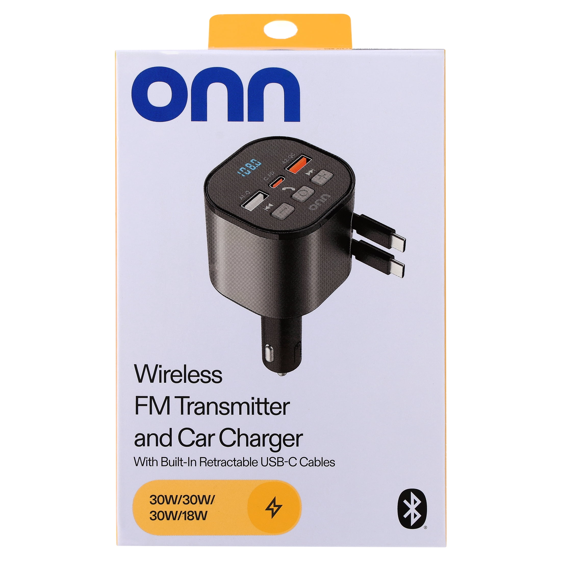 onn 30W/18W Wireless FM Transmitter and Car Charger with Retractable USB-C Cables