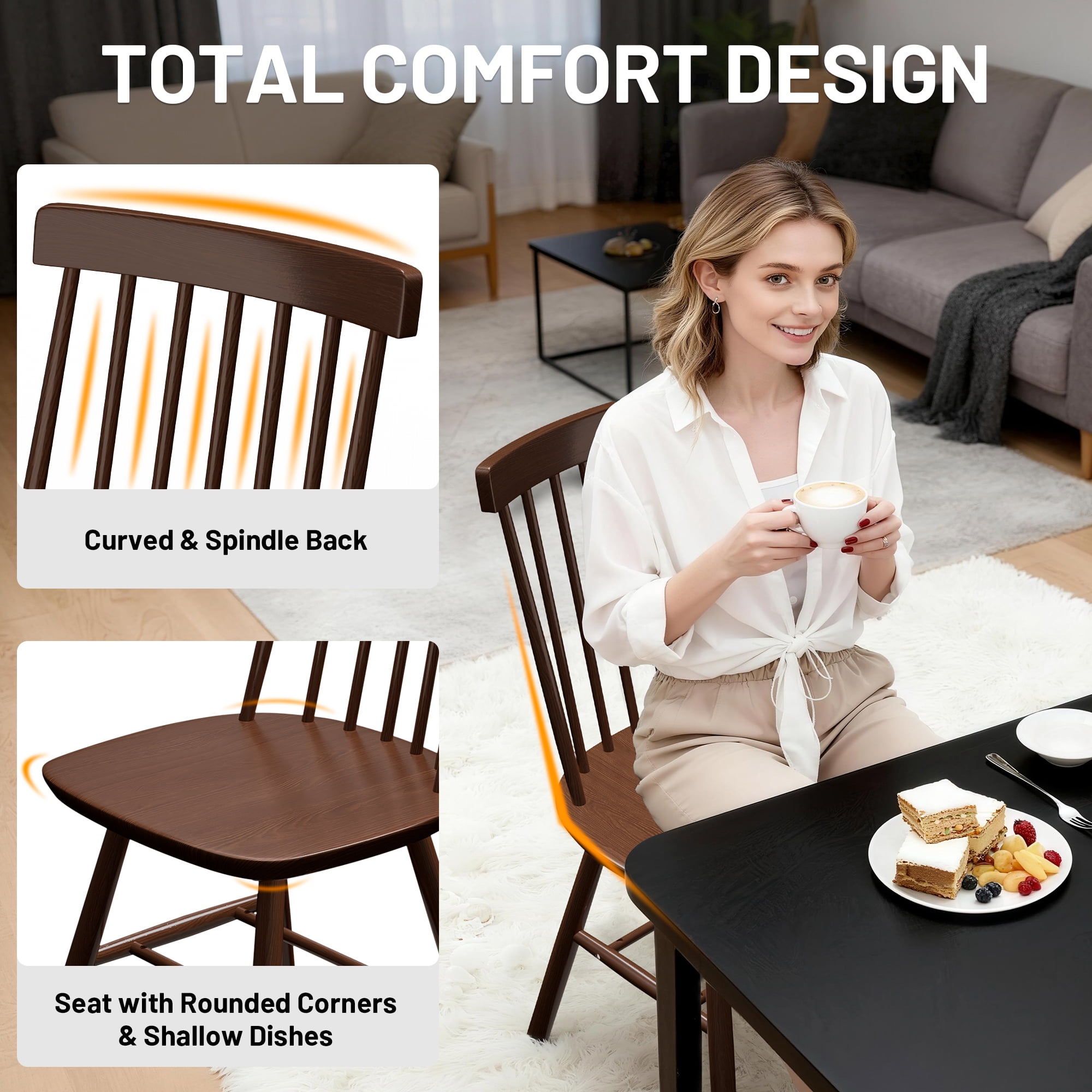 Dhole 7-Spindle Narrow Back Windsor Dining Chairs, Set of 2, Solid Hardwood Kitchen & Dining Room Seating, Brown