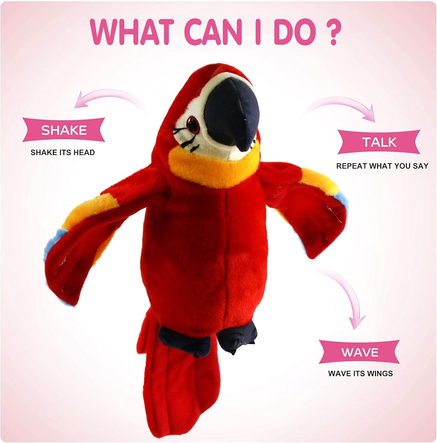 Houwsbaby 9'' Red Talking Parrot Plush Pal Repeat What You Say Recording Stuffed Animal Macaw Electronic Record Interactive Animated Bird Present Birthday Christmas for Kids Boys Girls