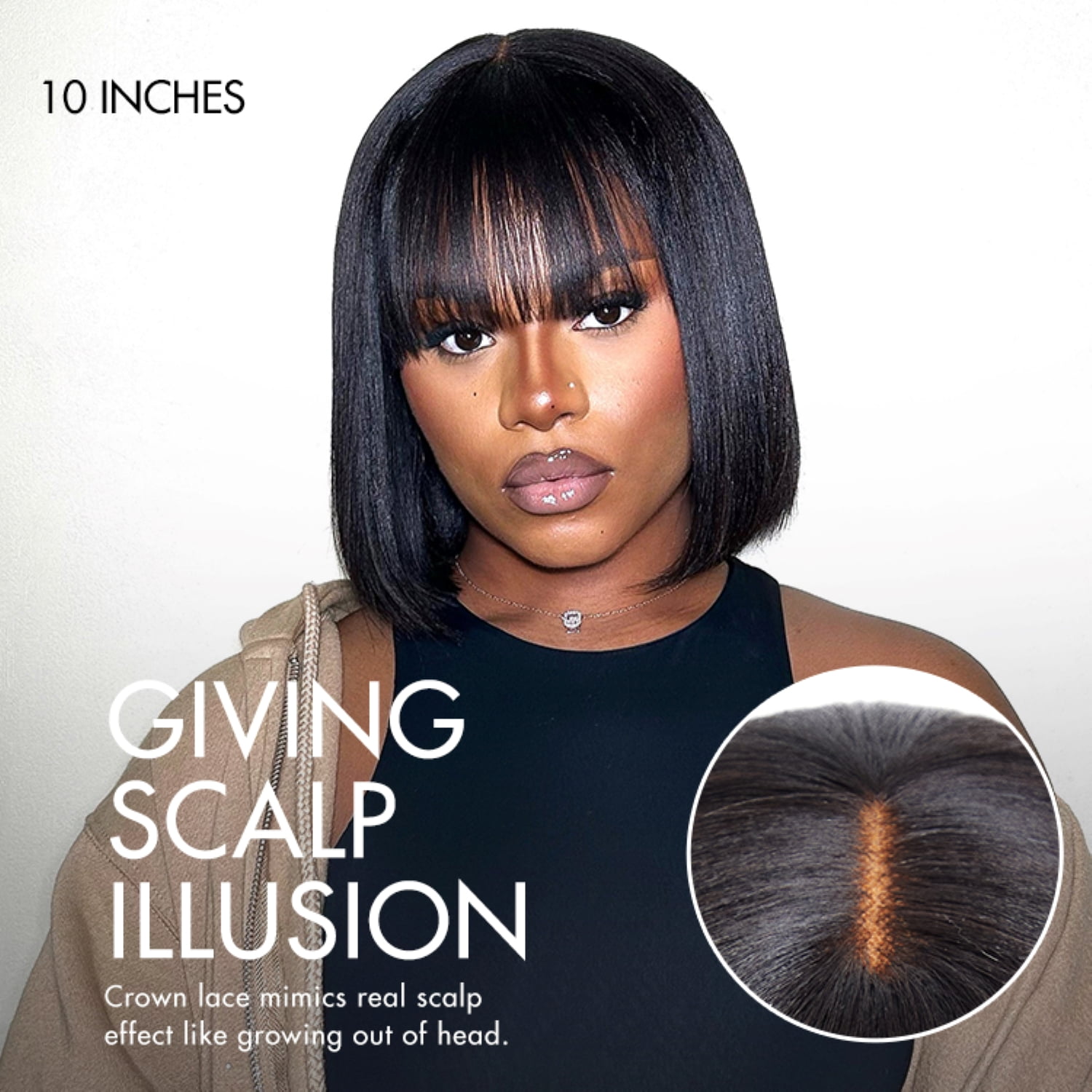LUVME 10'' Natural Black 100% Human Hair Minimalist Glueless Yaki Bob Bangs Wig 1 Piece