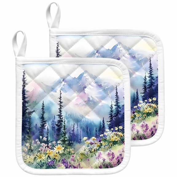 Forest Mountains Pot Holders for Kitchen Heatproof Potholder, 2 Pack Oil Painting Flower Pine Trees Hot Pads Multipurpose Oven Pads Cloth Potholders Trivet for Cooking and Baking