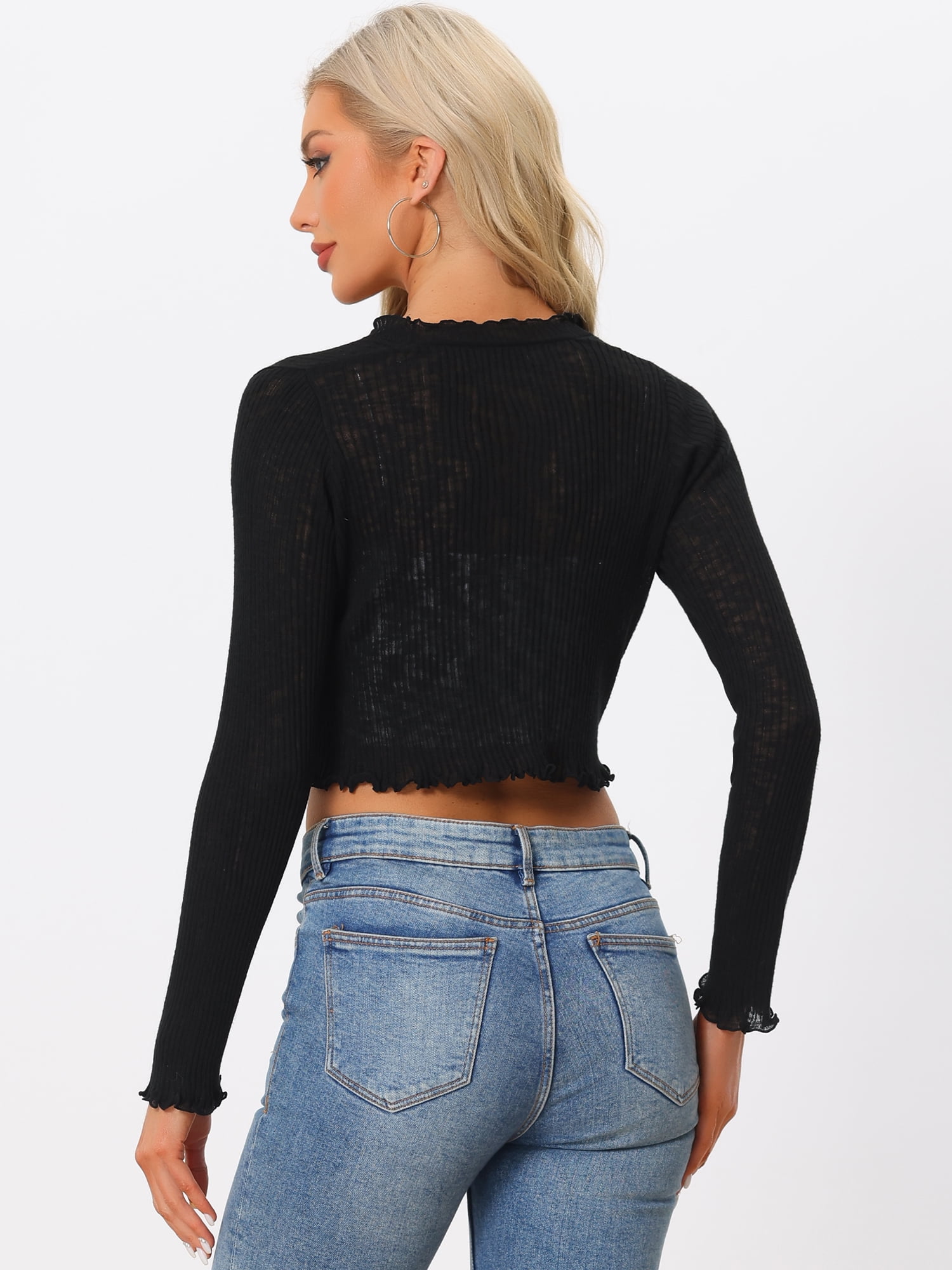 Unique Bargains Women's Ruffle Trim Long Sleeve Shrug Knit Open Front Cardigan M Black