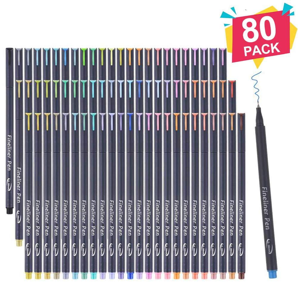 Tebik 80 Pack Journal Planner Pens Colored Pens, 72 Assorted Colors Drawing Pens with 8 Different Stencils, Perfect for Dotted Journal Planner Writing Note Calendar Coloring Office School
