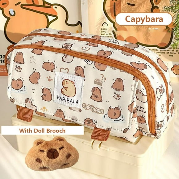 INS Capybara Four-layer Large Capacity Pen Bag Cute Cartoon Pencil Case Stationery Organizer Storage Bag For Students Gift With Doll Brooch