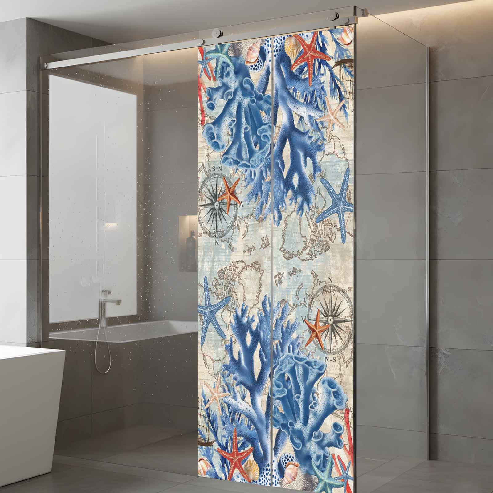 Static Cling Door Window Covering, Navy Blue Coral Window Privacy Film Frosted, Vintage Coastal Nautical Summer Beach UV Blocking Windows Film for Office, Hotel, Bedroom, 29.5 x 78.7 Inches