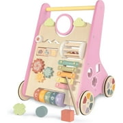 LOL-FUN Wooden Baby Walker for Girls with Wheels, Baby Push Walker for Baby Girl 12 Months, Pink Baby Walker Push Toy for 1 Year Old Walking