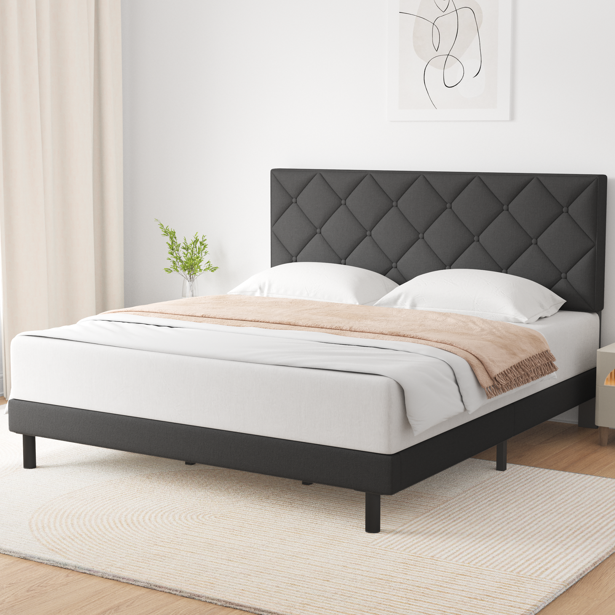 Queen Bed, HAIIDE Queen Size bed Frame with Fabric Upholstered Headboard,Dark Grey, Easy Assembly - image 2 of 7
