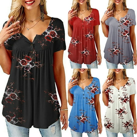 

Taluosi Summer Women Flower Print Button V Neck Short Sleeve T-Shirt Pleated Loose Top