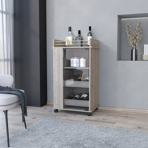 Lusk Bar Cart | Mobile 2-Bottle Wine Cart with Glass Door | Storage Shelves for Kitchen, Living Room, Home Bar | Light Gray