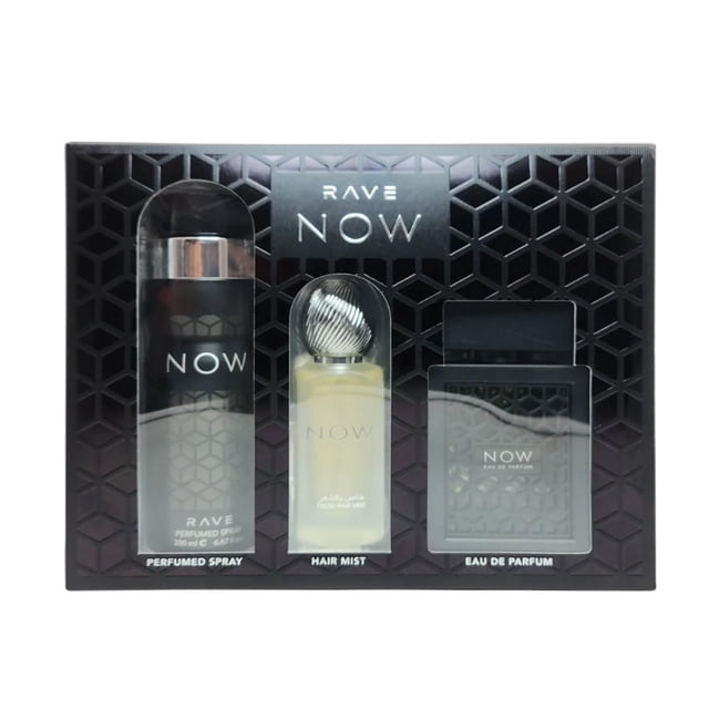 Set de regalo RAVE NOW para hombre EDP de 100 ml, bruma para el cabello de 50 ml y spray corporal